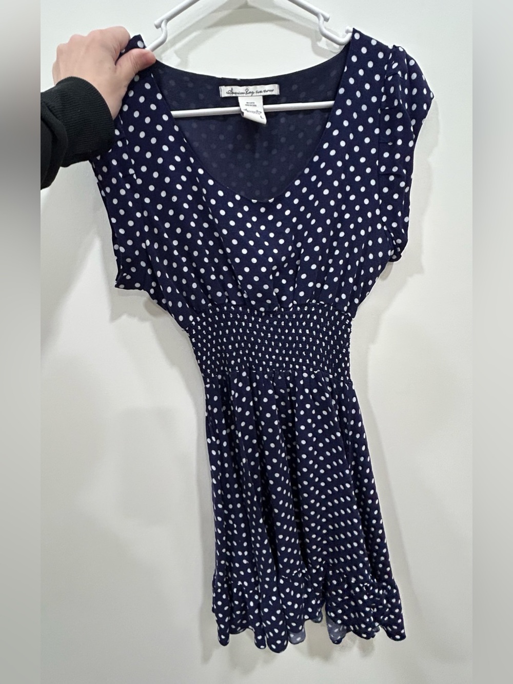 American Rag Navy Polka Dot Dress Size L Smocked Waist Ruffle Hem